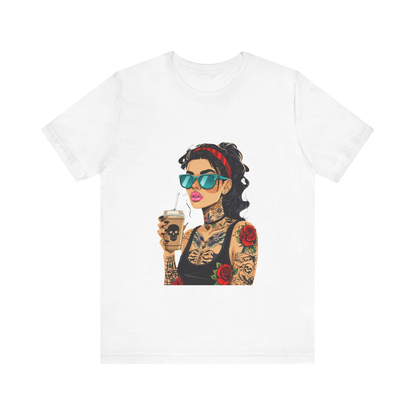 Trendy Tattooed Woman Tee, Perfect for Coffee Lovers, Casual Wear, Unique Gift for Her, Summer Fashion, Birthday Gift