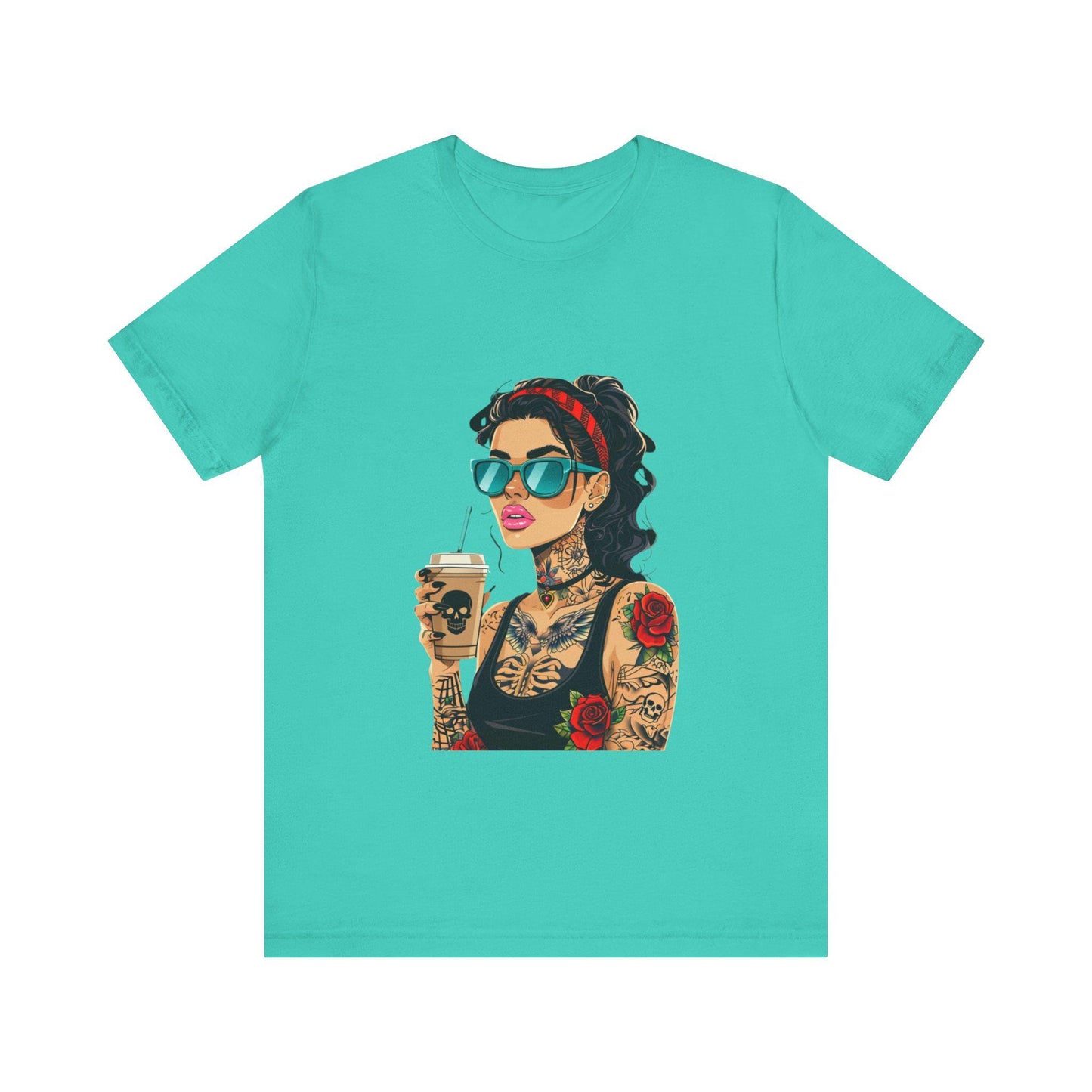 Trendy Tattooed Woman Tee, Perfect for Coffee Lovers, Casual Wear, Unique Gift for Her, Summer Fashion, Birthday Gift