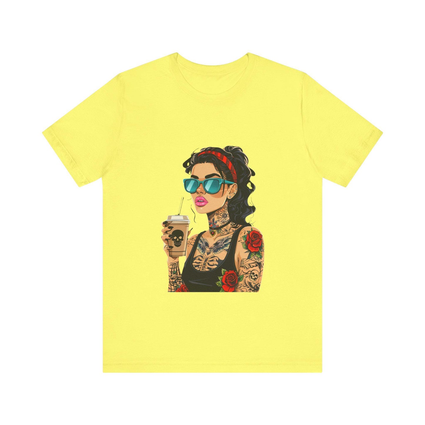 Trendy Tattooed Woman Tee, Perfect for Coffee Lovers, Casual Wear, Unique Gift for Her, Summer Fashion, Birthday Gift