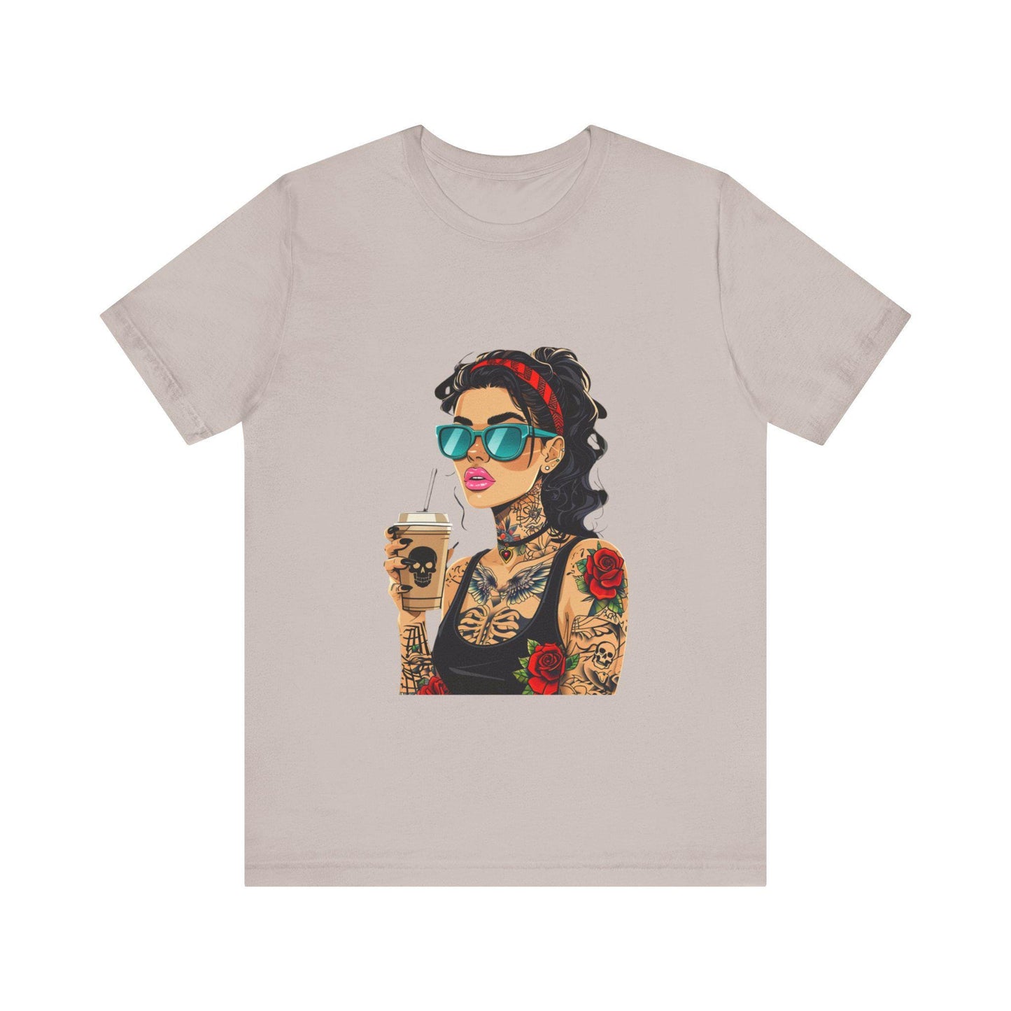 Trendy Tattooed Woman Tee, Perfect for Coffee Lovers, Casual Wear, Unique Gift for Her, Summer Fashion, Birthday Gift