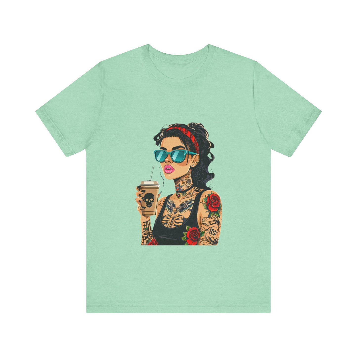 Trendy Tattooed Woman Tee, Perfect for Coffee Lovers, Casual Wear, Unique Gift for Her, Summer Fashion, Birthday Gift