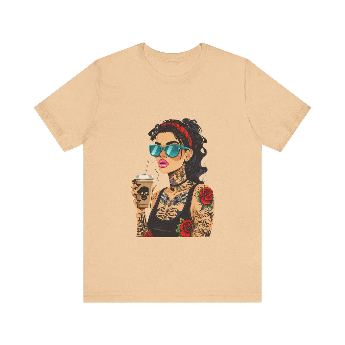 Trendy Tattooed Woman Tee, Perfect for Coffee Lovers, Casual Wear, Unique Gift for Her, Summer Fashion, Birthday Gift