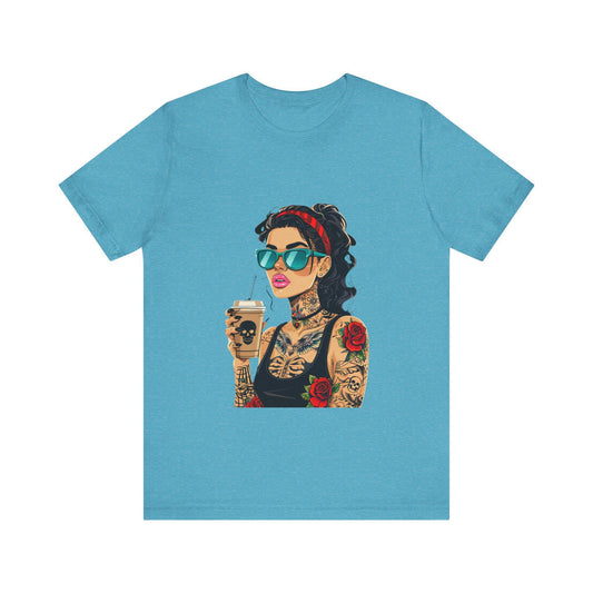 Trendy Tattooed Woman Tee, Perfect for Coffee Lovers, Casual Wear, Unique Gift for Her, Summer Fashion, Birthday Gift