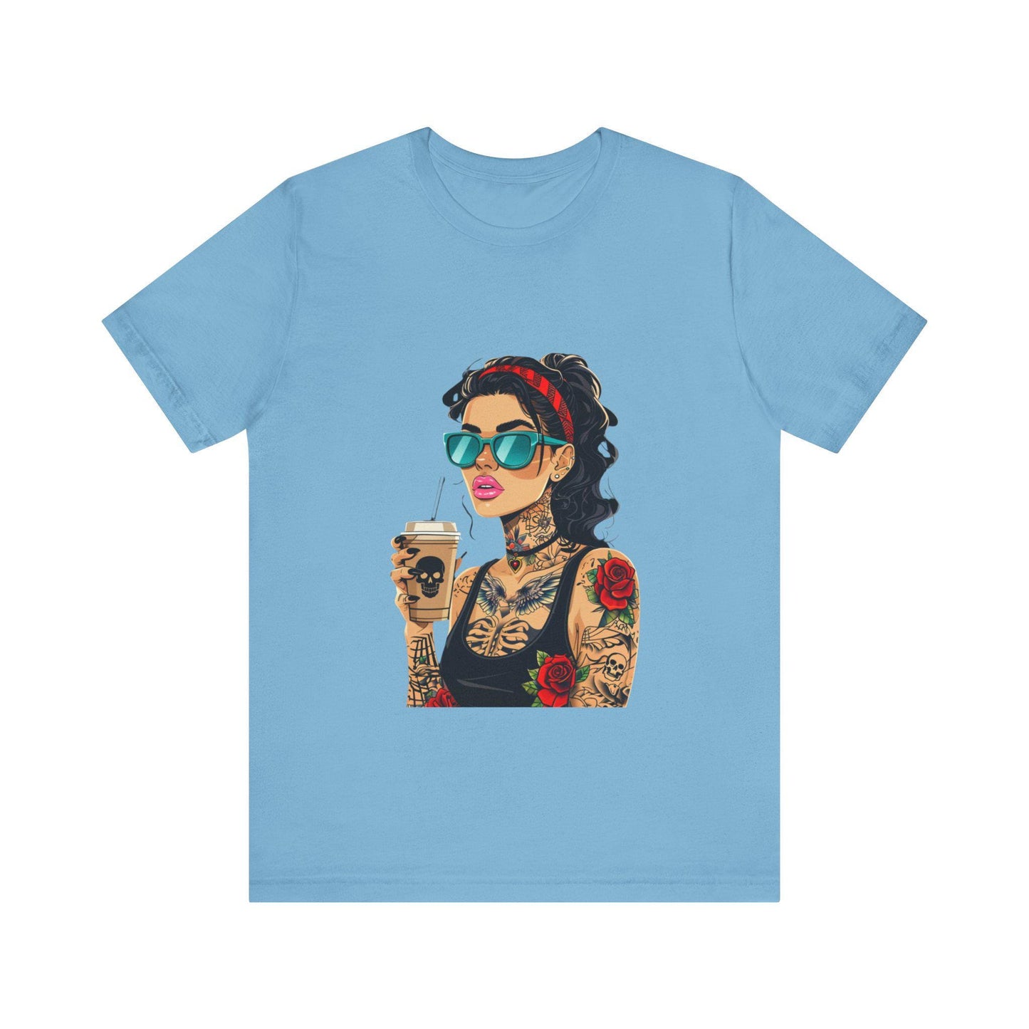 Trendy Tattooed Woman Tee, Perfect for Coffee Lovers, Casual Wear, Unique Gift for Her, Summer Fashion, Birthday Gift