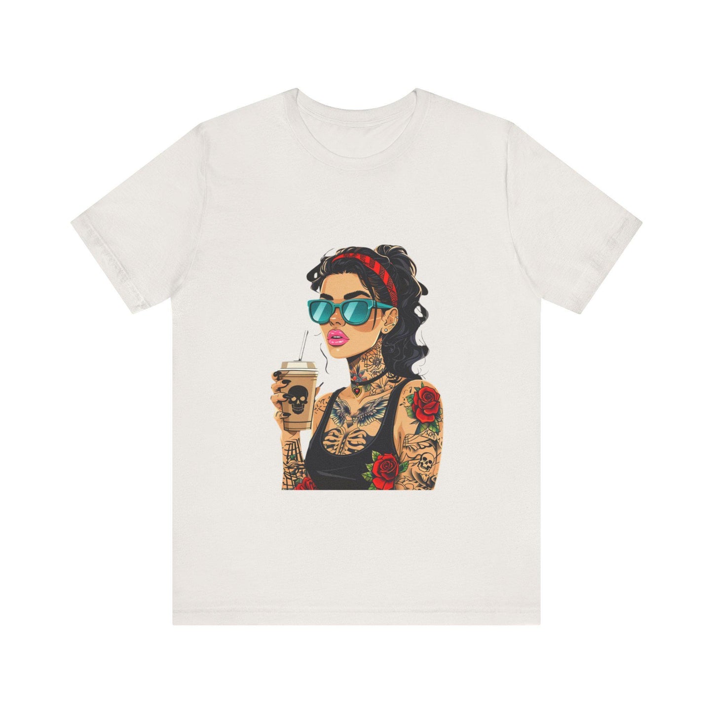 Trendy Tattooed Woman Tee, Perfect for Coffee Lovers, Casual Wear, Unique Gift for Her, Summer Fashion, Birthday Gift